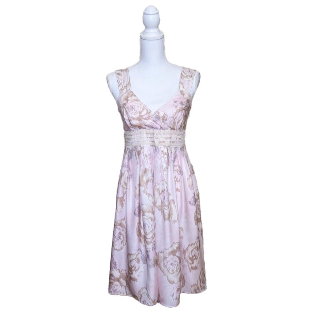 SUNDANCE 100% Silk Surplice Sundress in Pink Floral Print w/ Lace Trim